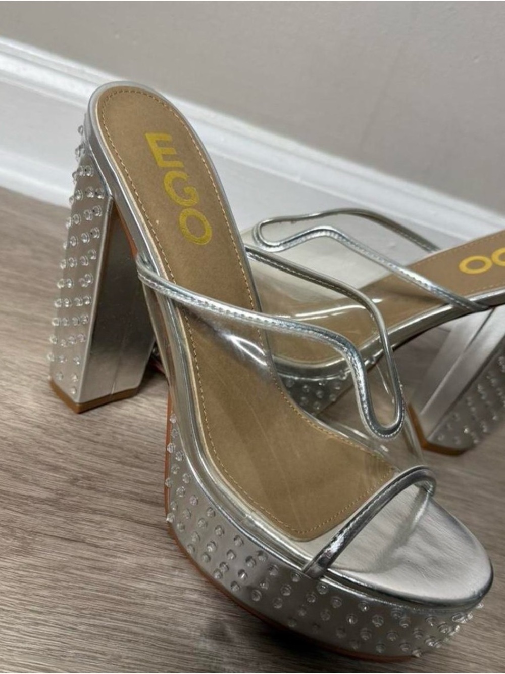 EGO Silver Clear Strap Studded Platform Heels